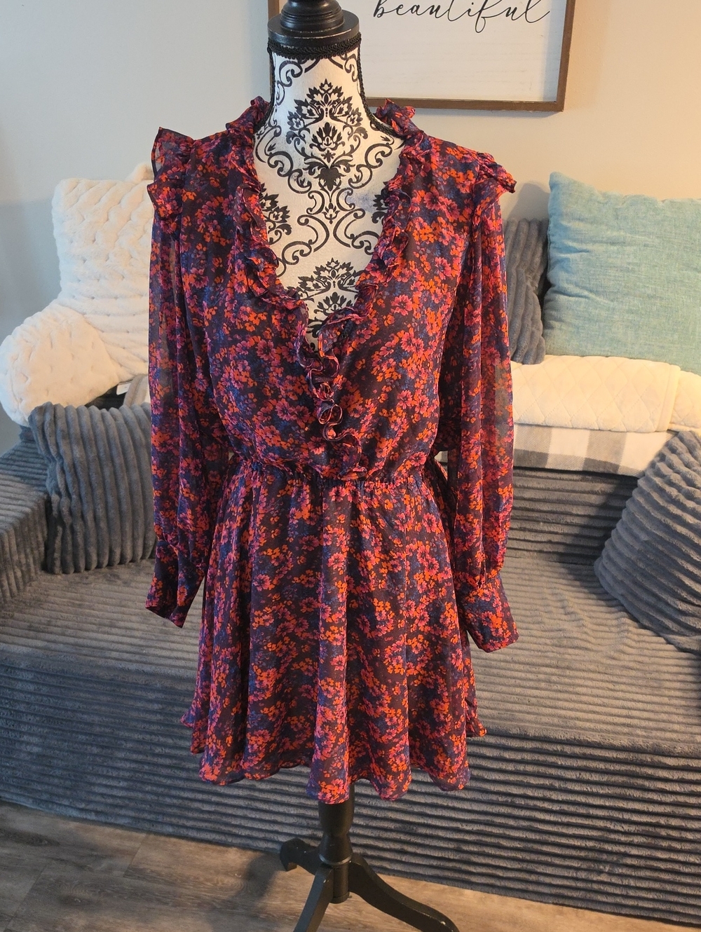 Dress Forum Purple and Pink Floral Ruffle V-Neck Mini Dress